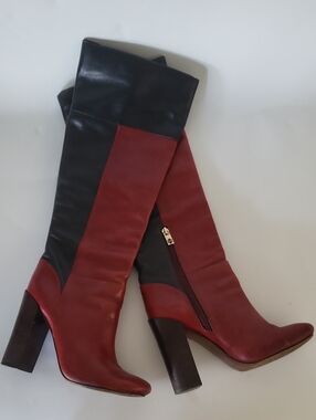 Tory Burch Two-Tone Red & Black Leather Knee-High Block Heel Boots